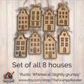 All eight rustic wooden house ornaments arranged together on neutral background, farmhouse Christmas style.