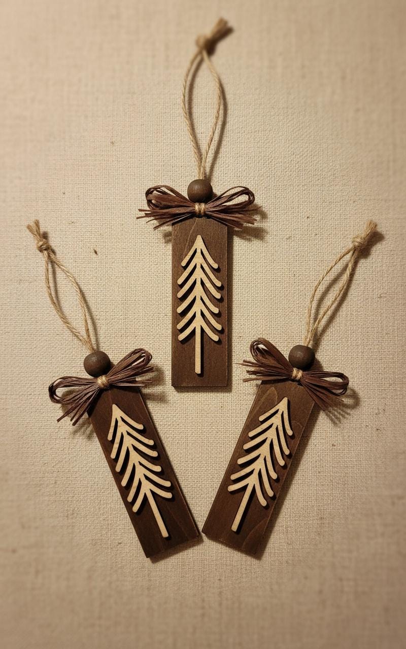 Rustic Evergreen Tree Ornaments – Set of 3 – Tall Layered Wood Design with Brown Bow – Limited Edition Handmade Christmas Decor