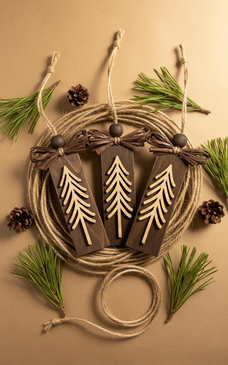 Rustic Evergreen Tree Ornaments – Set of 3 – Tall Layered Wood Design with Brown Bow – Limited Edition Handmade Christmas Decor