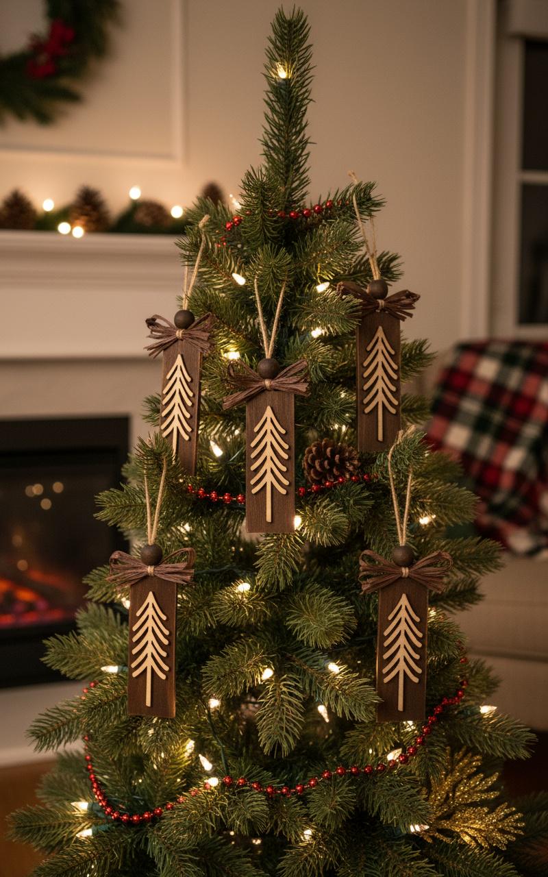 Rustic Evergreen Tree Ornaments – Set of 3 – Tall Layered Wood Design with Brown Bow – Limited Edition Handmade Christmas Decor