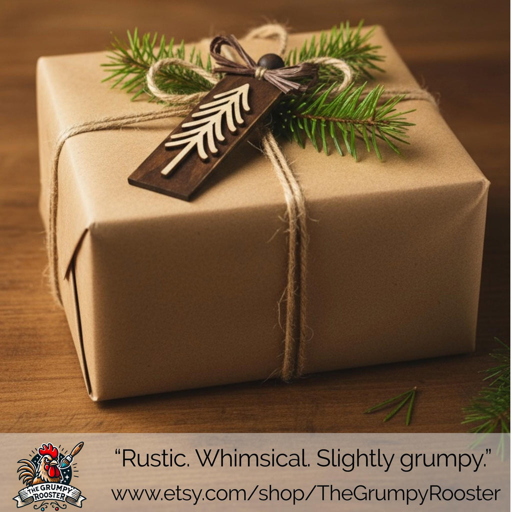 Rustic Evergreen Tree Ornaments – Set of 3 – Tall Layered Wood Design with Brown Bow – Limited Edition Handmade Christmas Decor