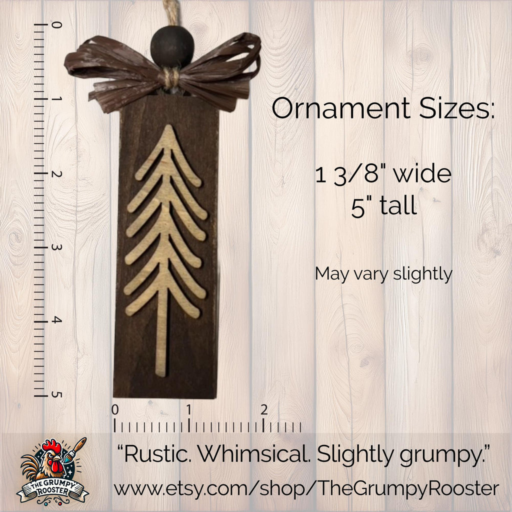 Rustic Evergreen Tree Ornaments – Set of 3 – Tall Layered Wood Design with Brown Bow – Limited Edition Handmade Christmas Decor