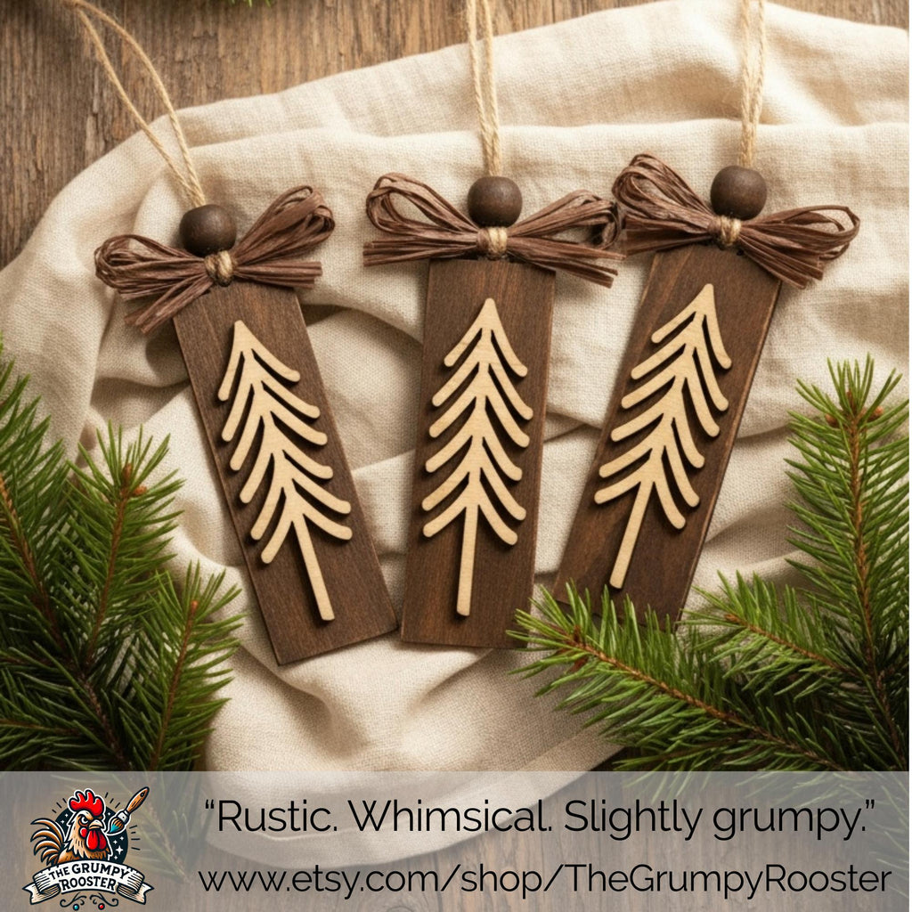 Rustic Evergreen Tree Ornaments – Set of 3 – Tall Layered Wood Design with Brown Bow – Limited Edition Handmade Christmas Decor