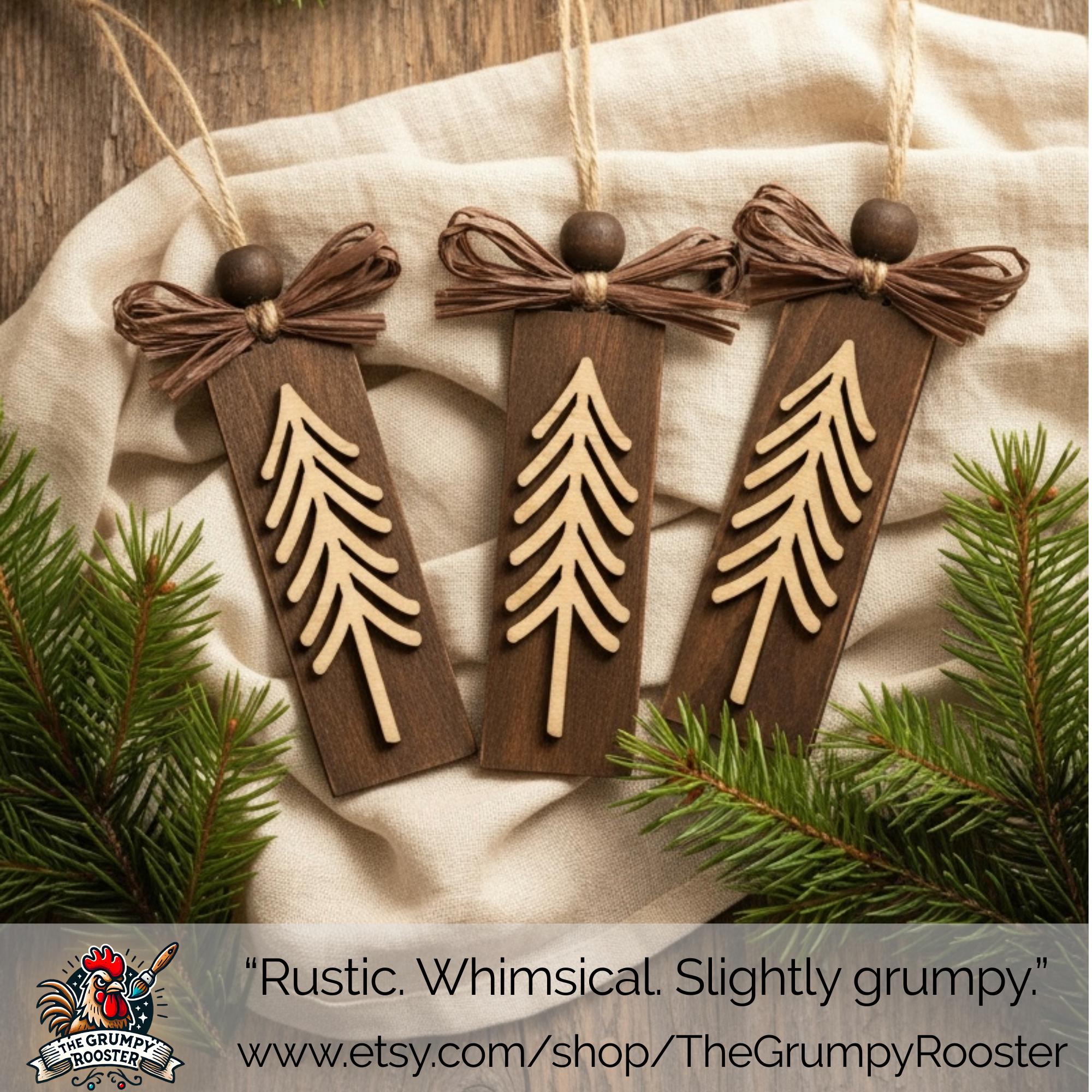 Rustic Evergreen Tree Ornaments – Set of 3 – Tall Layered Wood Design with Brown Bow – Limited Edition Handmade Christmas Decor