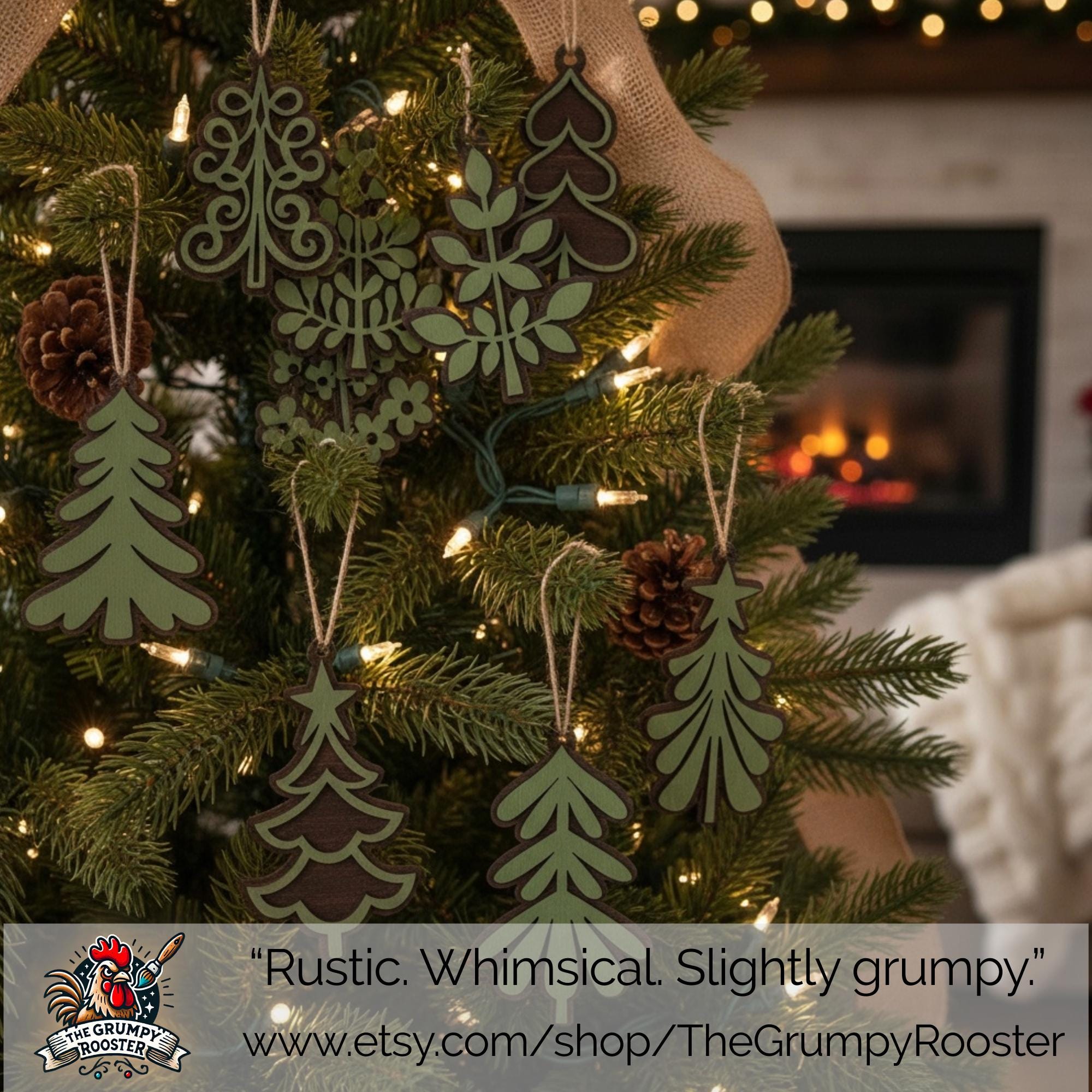 Rustic Green Layered Wood Tree and Leaf Ornaments – Set of 10 Handmade Christmas Decorations – Farmhouse Holiday Decor