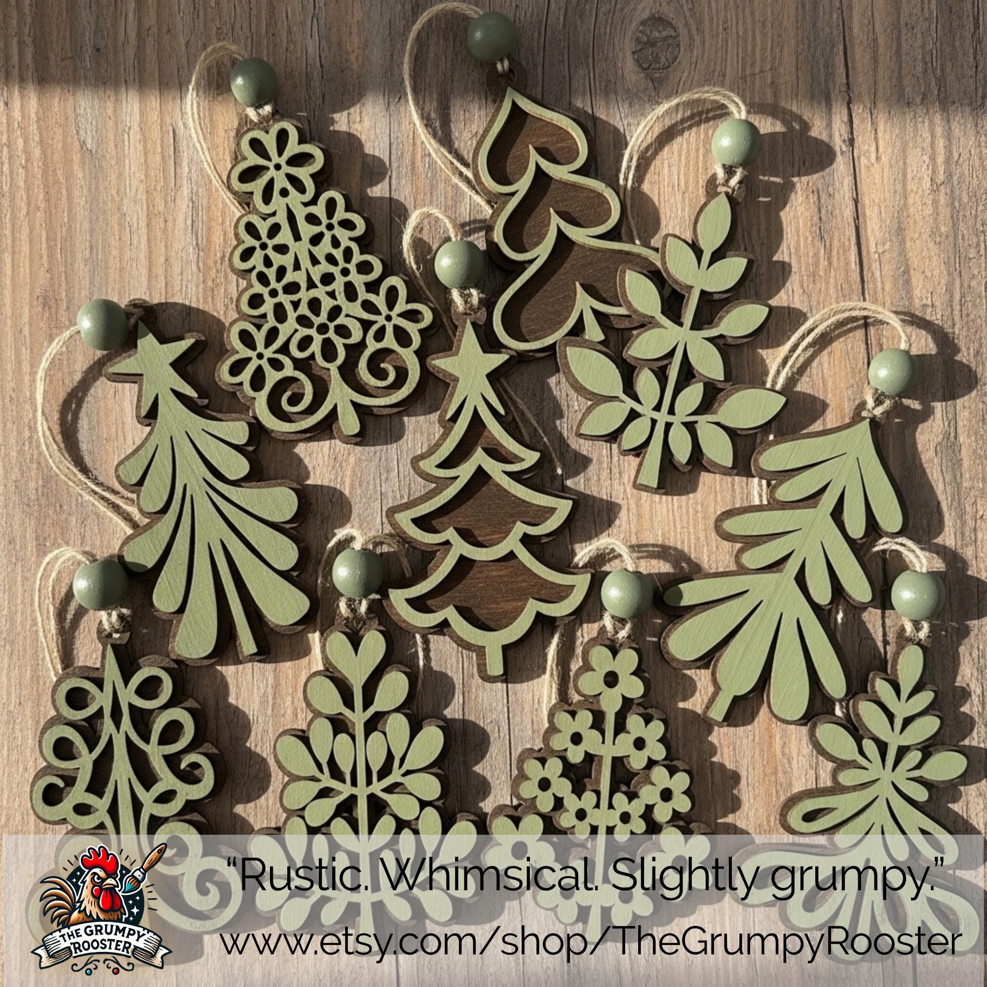 Rustic Green Layered Wood Tree and Leaf Ornaments – Set of 10 Handmade Christmas Decorations – Farmhouse Holiday Decor