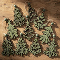 Rustic Green Layered Wood Tree and Leaf Ornaments – Set of 10 Handmade Christmas Decorations – Farmhouse Holiday Decor