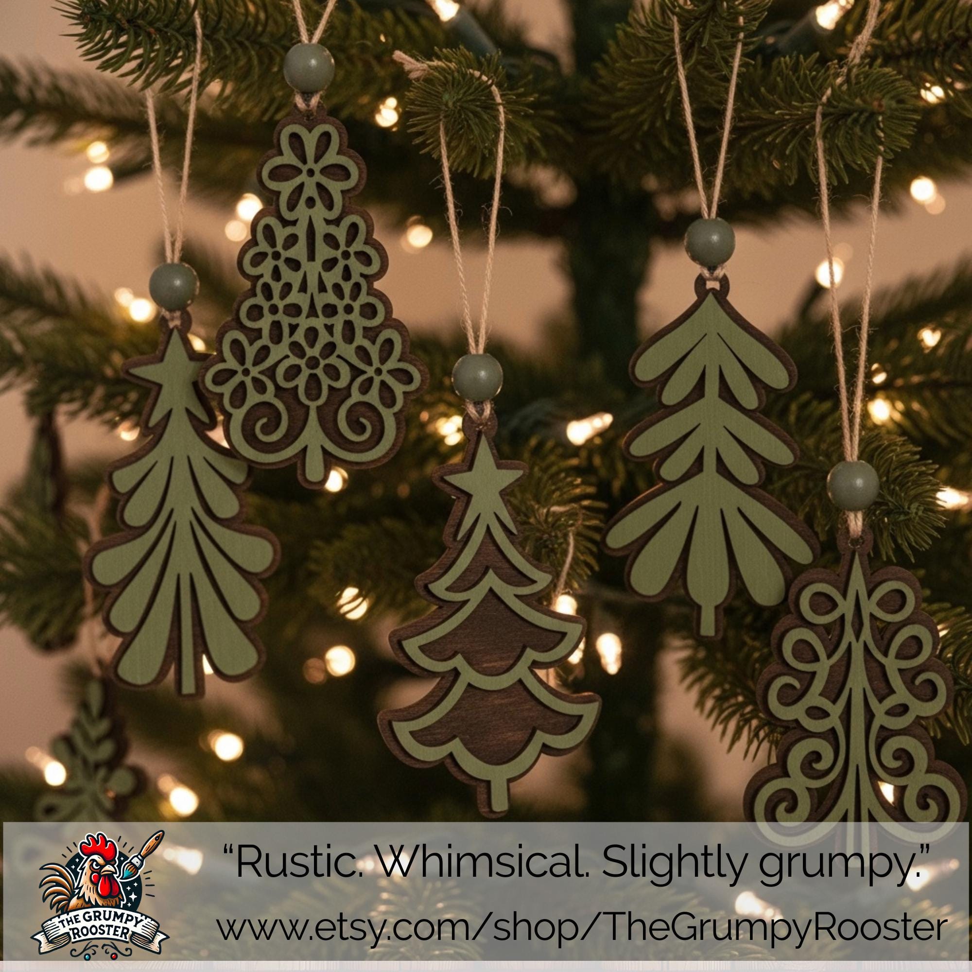 Rustic Green Layered Wood Tree and Leaf Ornaments – Set of 10 Handmade Christmas Decorations – Farmhouse Holiday Decor