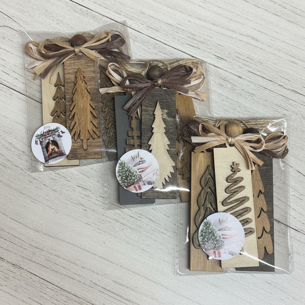 Rustic Christmas Tree Ornament Gift Set (3-Pack) – Neutral Farmhouse Holiday Décor – Ready to Gift Stocking Stuffers