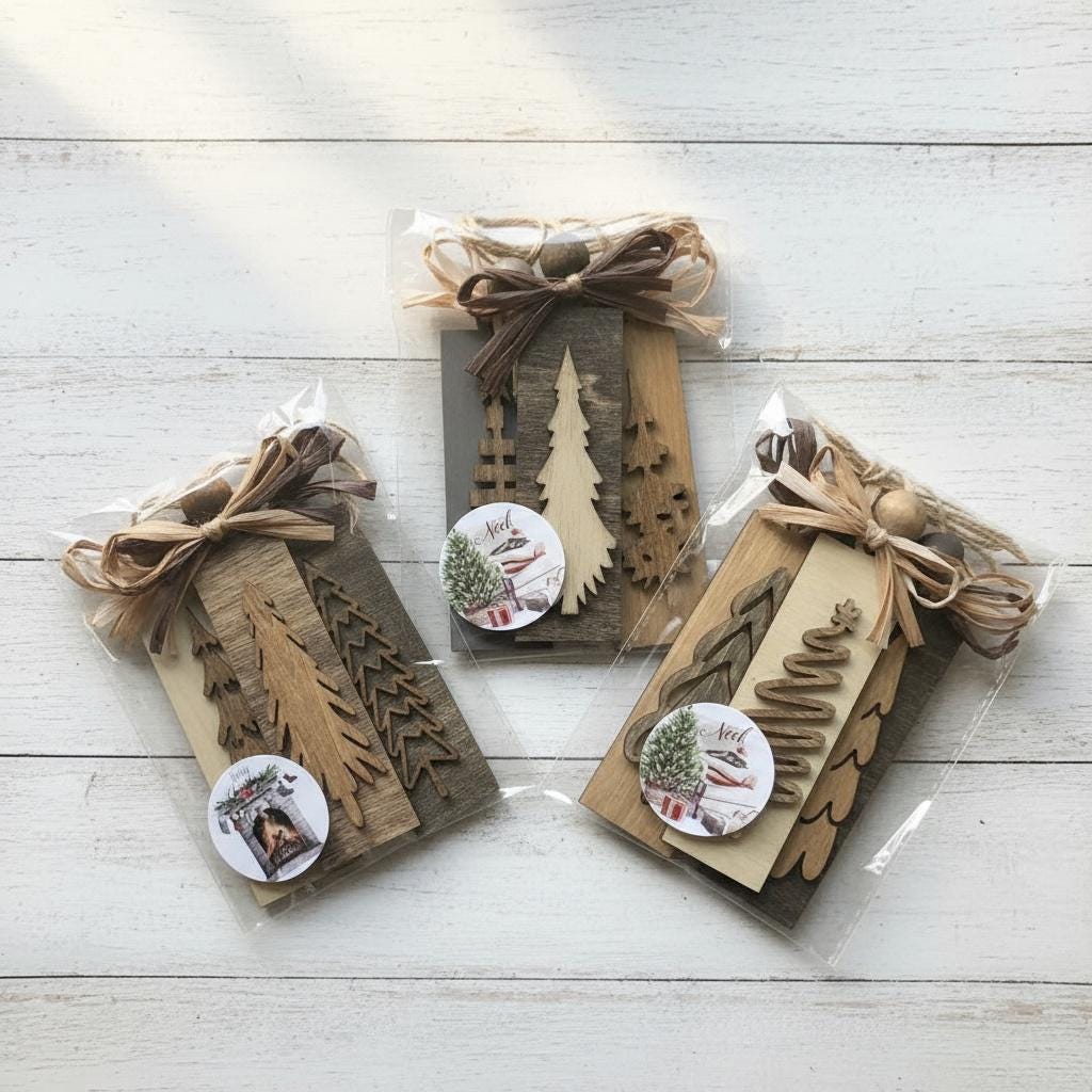 Rustic Christmas Tree Ornament Gift Set (3-Pack) – Neutral Farmhouse Holiday Décor – Ready to Gift Stocking Stuffers