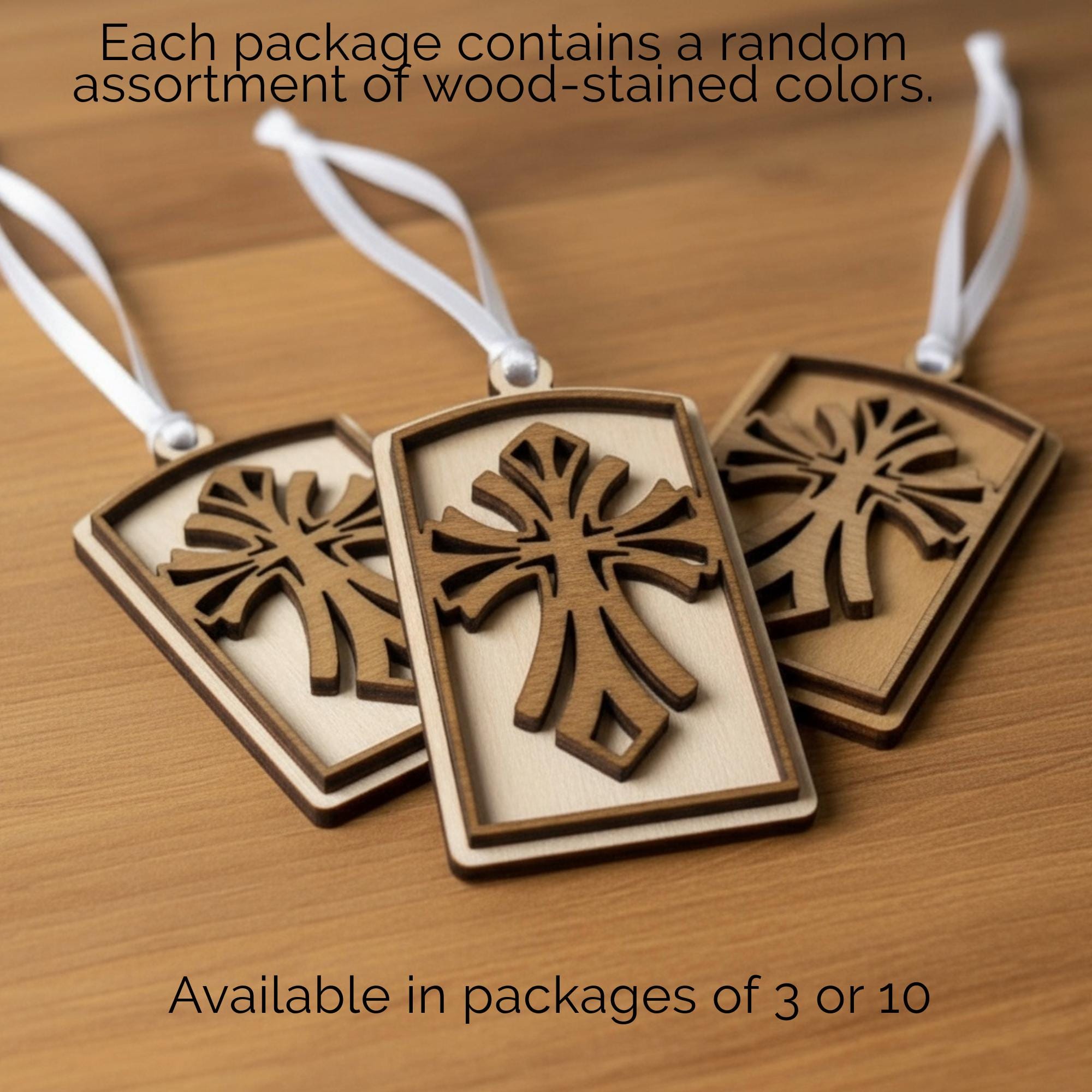 Rustic Wooden Arch Ornaments Set | Christian Christmas Decor | Layered Wood Cross Flourish | 3-Pack or 10-Pack | Handmade Faith Gift Tags