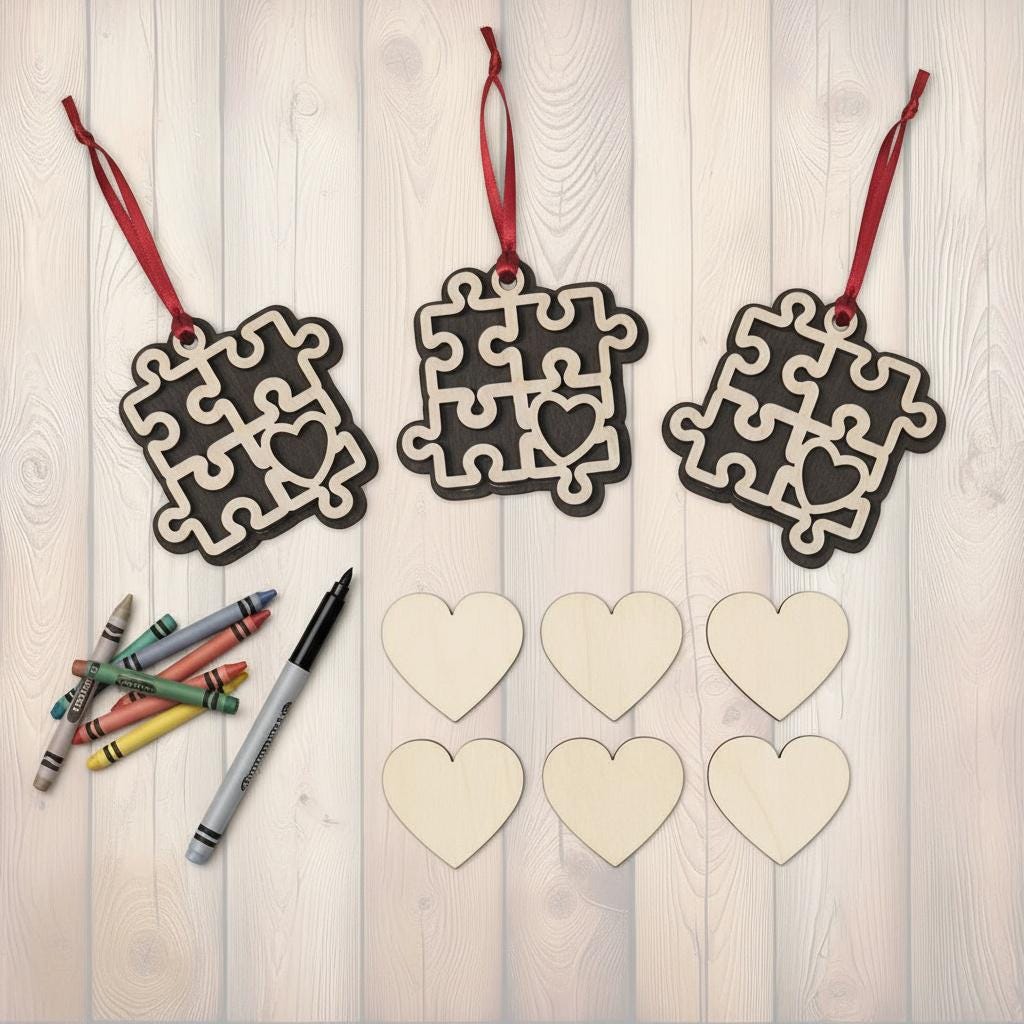 Autism Awareness 3 Puzzle Heart Ornaments – Set of 3 – Layered Wood – Includes 6 Personalizable Hearts – DIY Craft Gift – Handmade