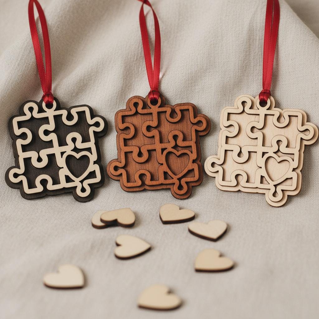 Autism Awareness 3 Puzzle Heart Ornaments – Set of 3 – Layered Wood – Includes 6 Personalizable Hearts – DIY Craft Gift – Handmade