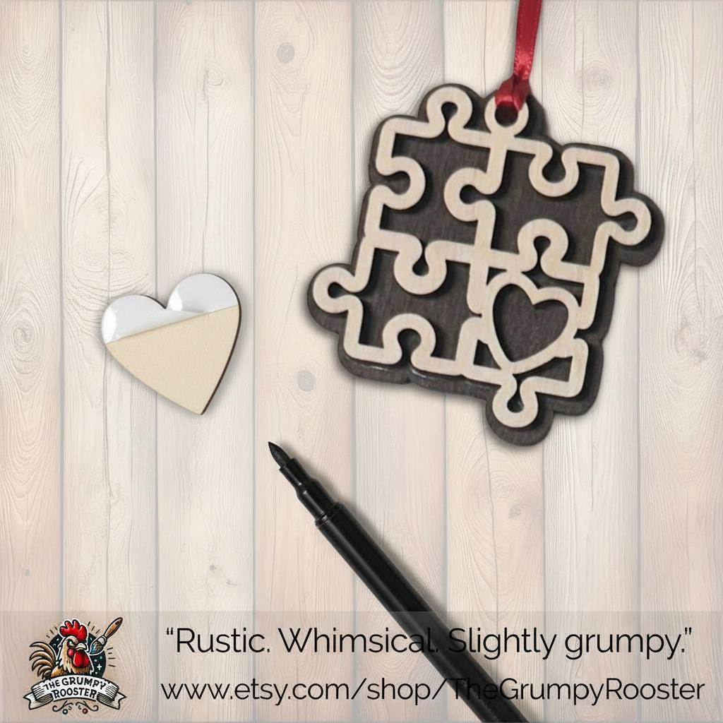 Autism Awareness 3 Puzzle Heart Ornaments – Set of 3 – Layered Wood – Includes 6 Personalizable Hearts – DIY Craft Gift – Handmade