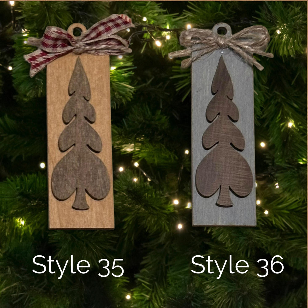 Rustic Wooden Christmas Tree Ornament with Bow • 4.5 inch Farmhouse Holiday Décor • Many Styles to Choose From