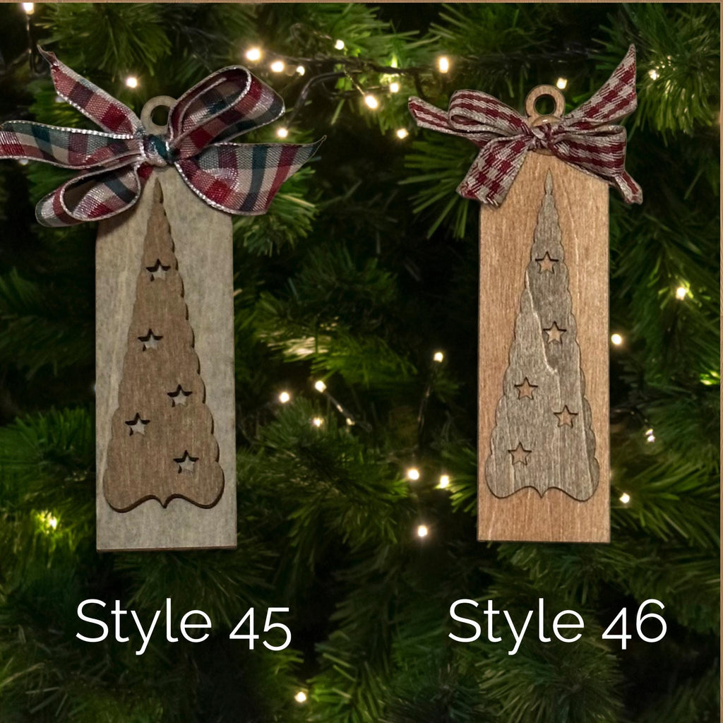 Rustic Wooden Christmas Tree Ornament with Bow • 4.5 inch Farmhouse Holiday Décor • Many Styles to Choose From