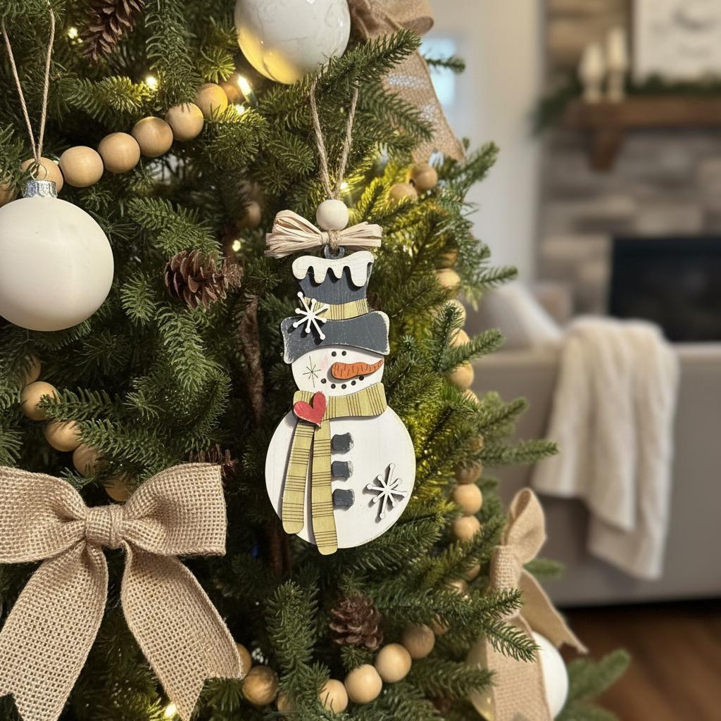 Handmade Rustic Snowman Ornament - Perfect Christmas Tree Decoration, Farmhouse Winter Holiday Decor, Layered Wood Snowman, Handmade Gift