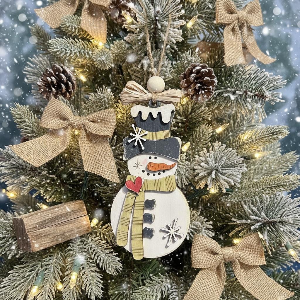 Handmade Rustic Snowman Ornament - Perfect Christmas Tree Decoration, Farmhouse Winter Holiday Decor, Layered Wood Snowman, Handmade Gift