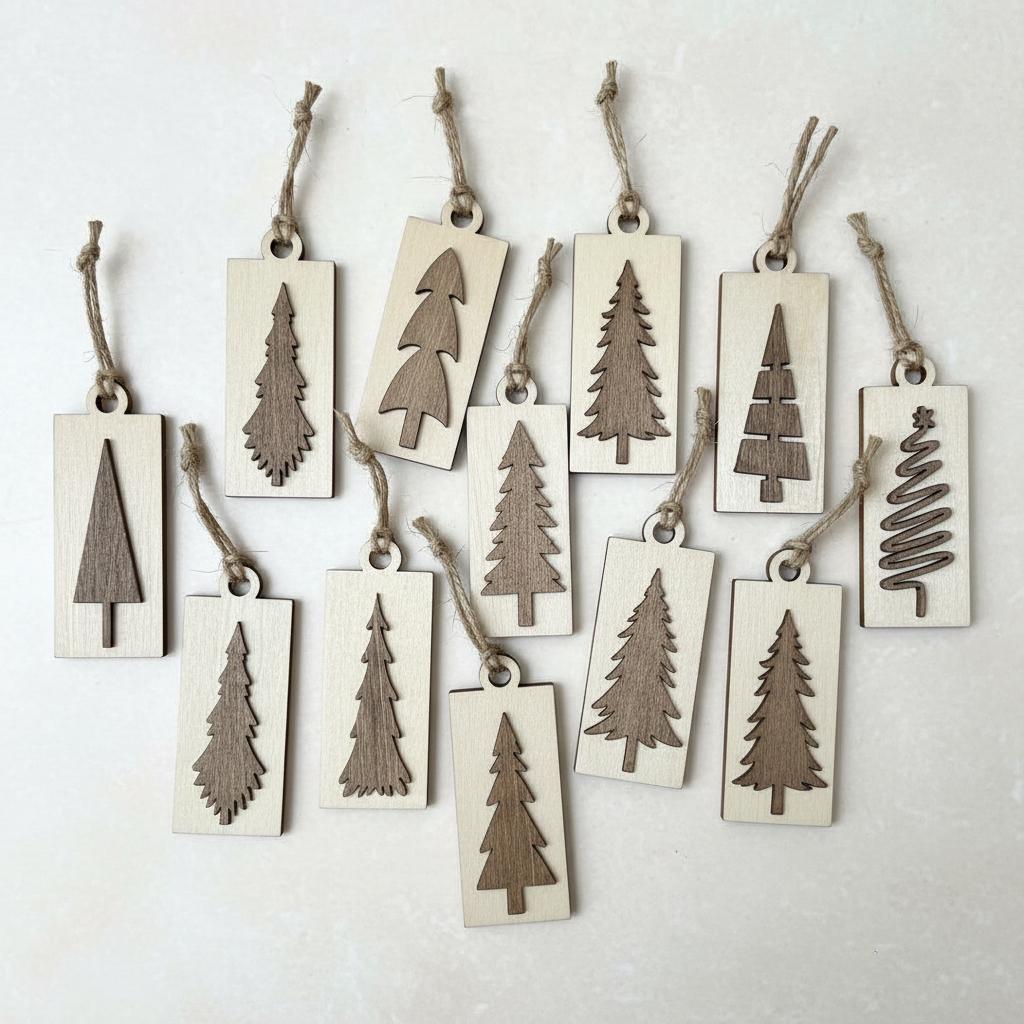 Rustic Mini Christmas Tree Ornaments – Set of 10 – Wooden Farmhouse Holiday Décor, Giftable in Gold Organza Bag, Stocking Stuffers