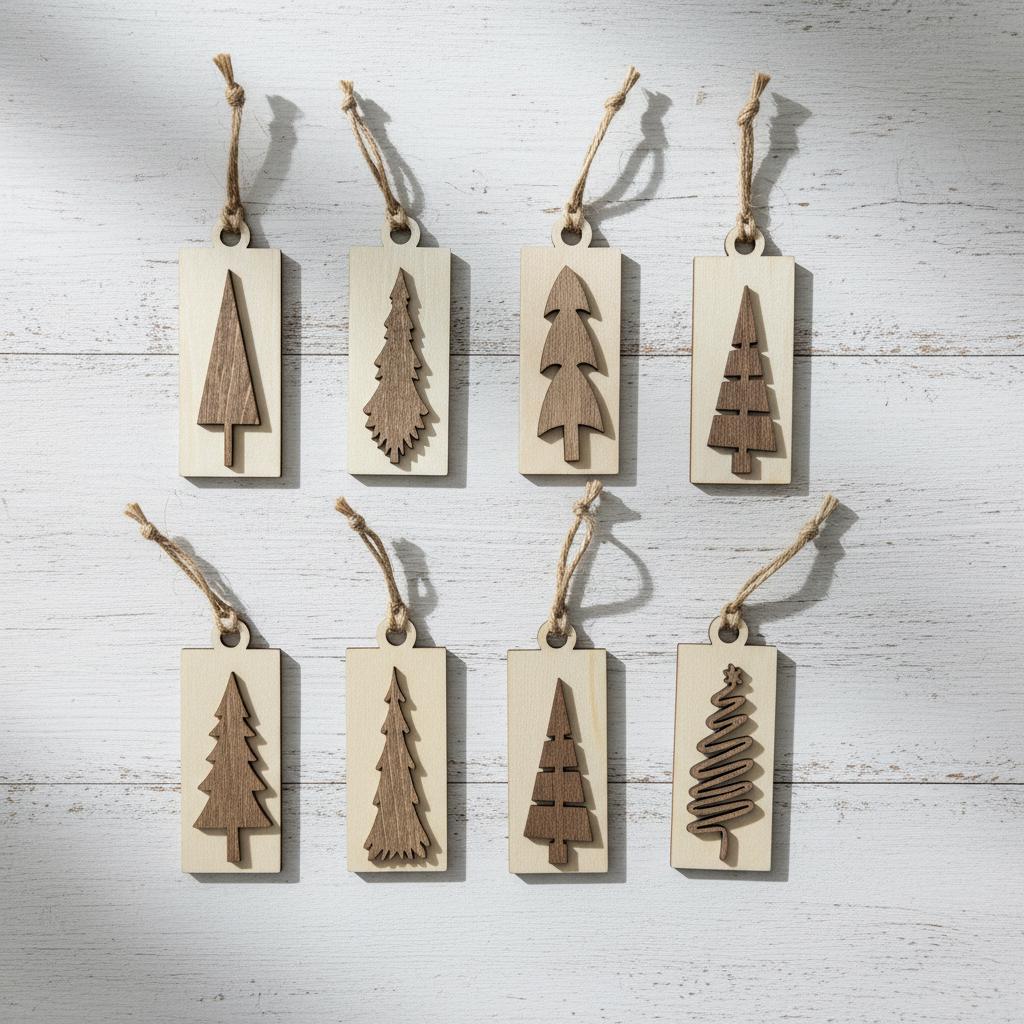 Rustic Mini Christmas Tree Ornaments – Set of 10 – Wooden Farmhouse Holiday Décor, Giftable in Gold Organza Bag, Stocking Stuffers