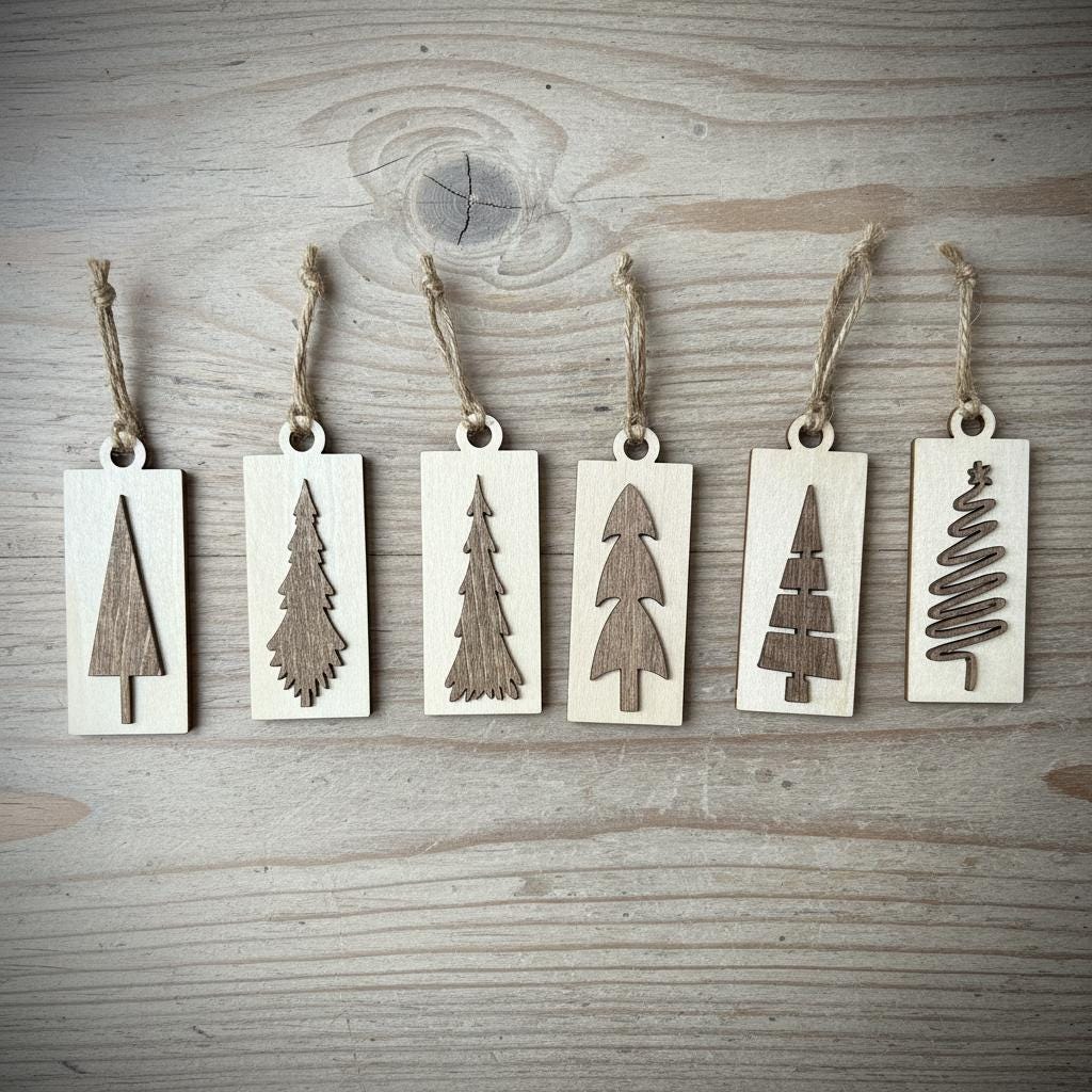 Rustic Mini Christmas Tree Ornaments – Set of 10 – Wooden Farmhouse Holiday Décor, Giftable in Gold Organza Bag, Stocking Stuffers