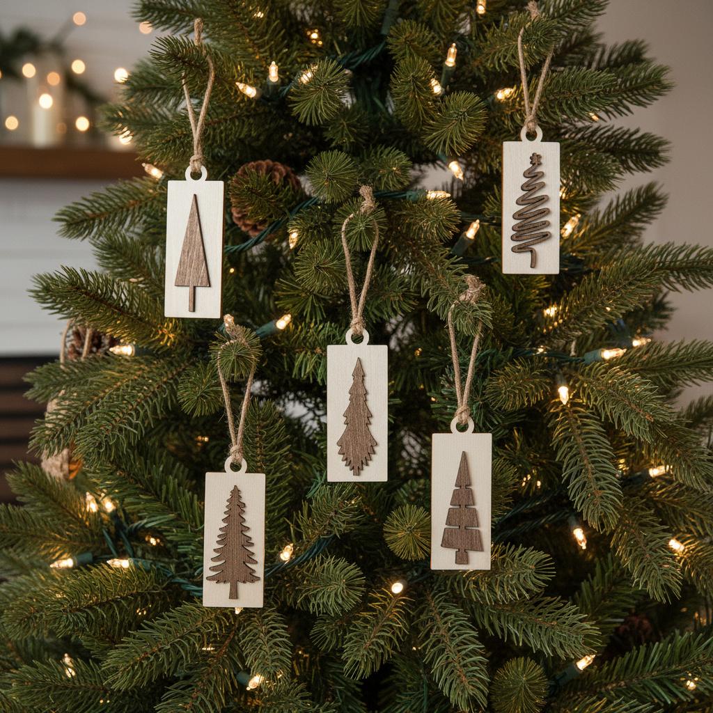 Rustic Mini Christmas Tree Ornaments – Set of 10 – Wooden Farmhouse Holiday Décor, Giftable in Gold Organza Bag, Stocking Stuffers