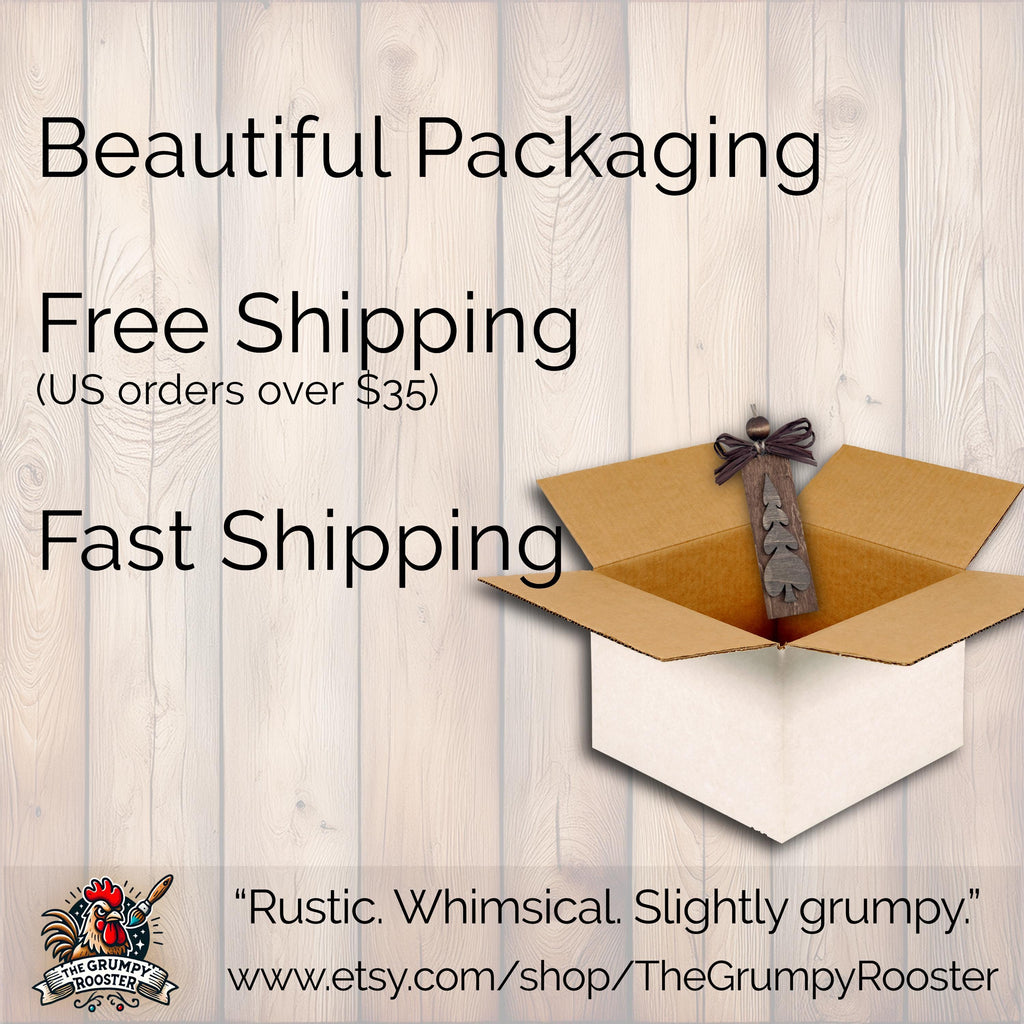 Rustic Mini Christmas Tree Ornaments – Set of 10 – Wooden Farmhouse Holiday Décor, Giftable in Gold Organza Bag, Stocking Stuffers