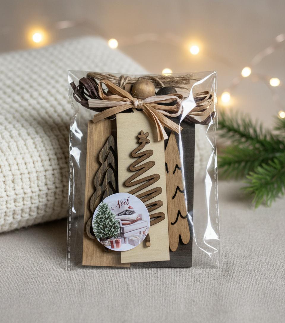 Rustic Christmas Tree Ornament Gift Set (3-Pack) – Neutral Farmhouse Holiday Décor – Ready to Gift Stocking Stuffers