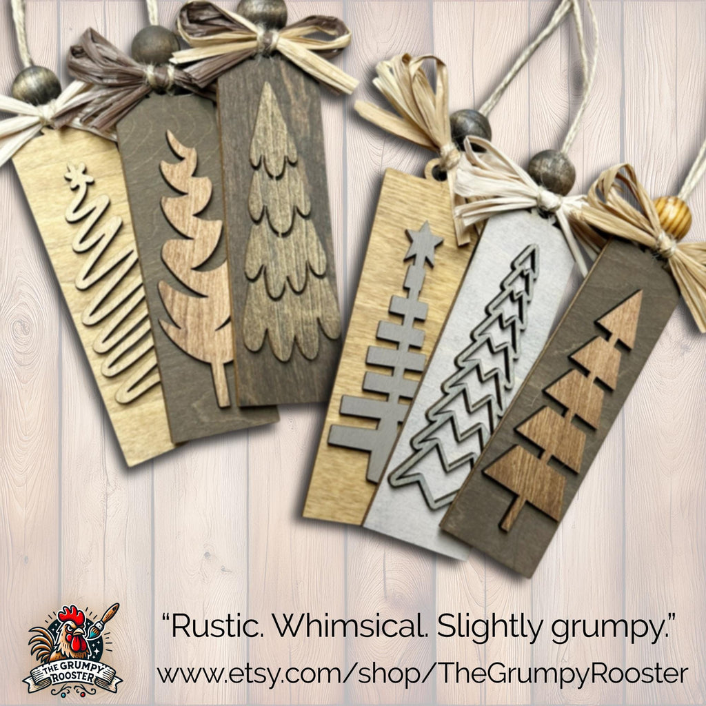 Rustic Christmas Tree Ornament Gift Set (3-Pack) – Neutral Farmhouse Holiday Décor – Ready to Gift Stocking Stuffers
