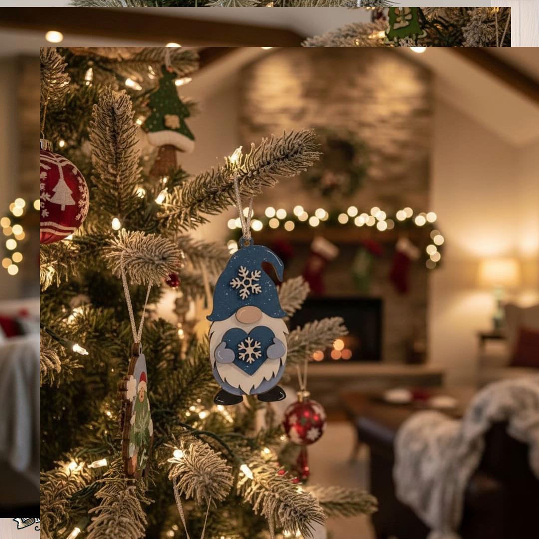 Snowflake Gnome Ornaments – Blue & Gray Winter Gnome Decor – Layered Wood Christmas Ornament – Rustic Farmhouse Holiday Decor Handmade Gift