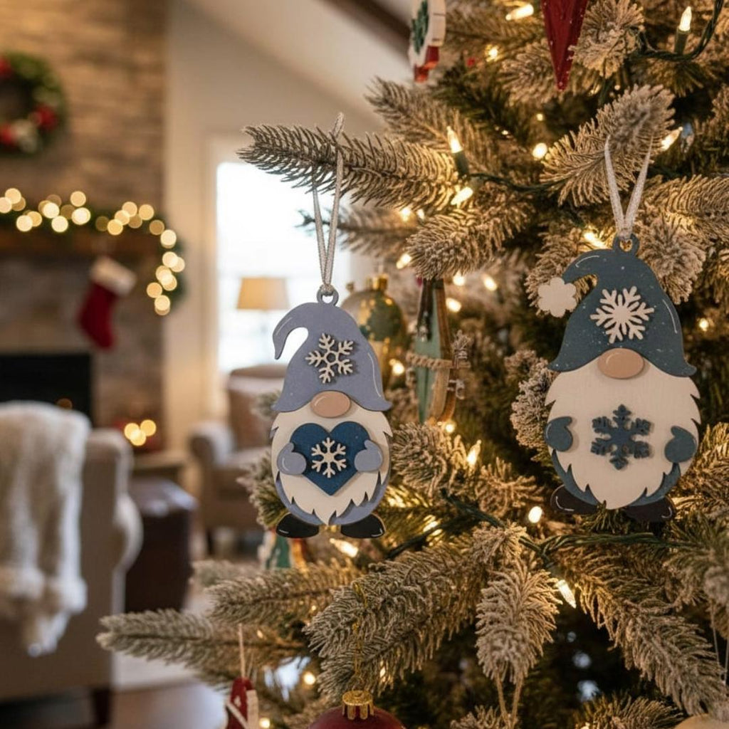 Snowflake Gnome Ornaments – Blue & Gray Winter Gnome Decor – Layered Wood Christmas Ornament – Rustic Farmhouse Holiday Decor Handmade Gift