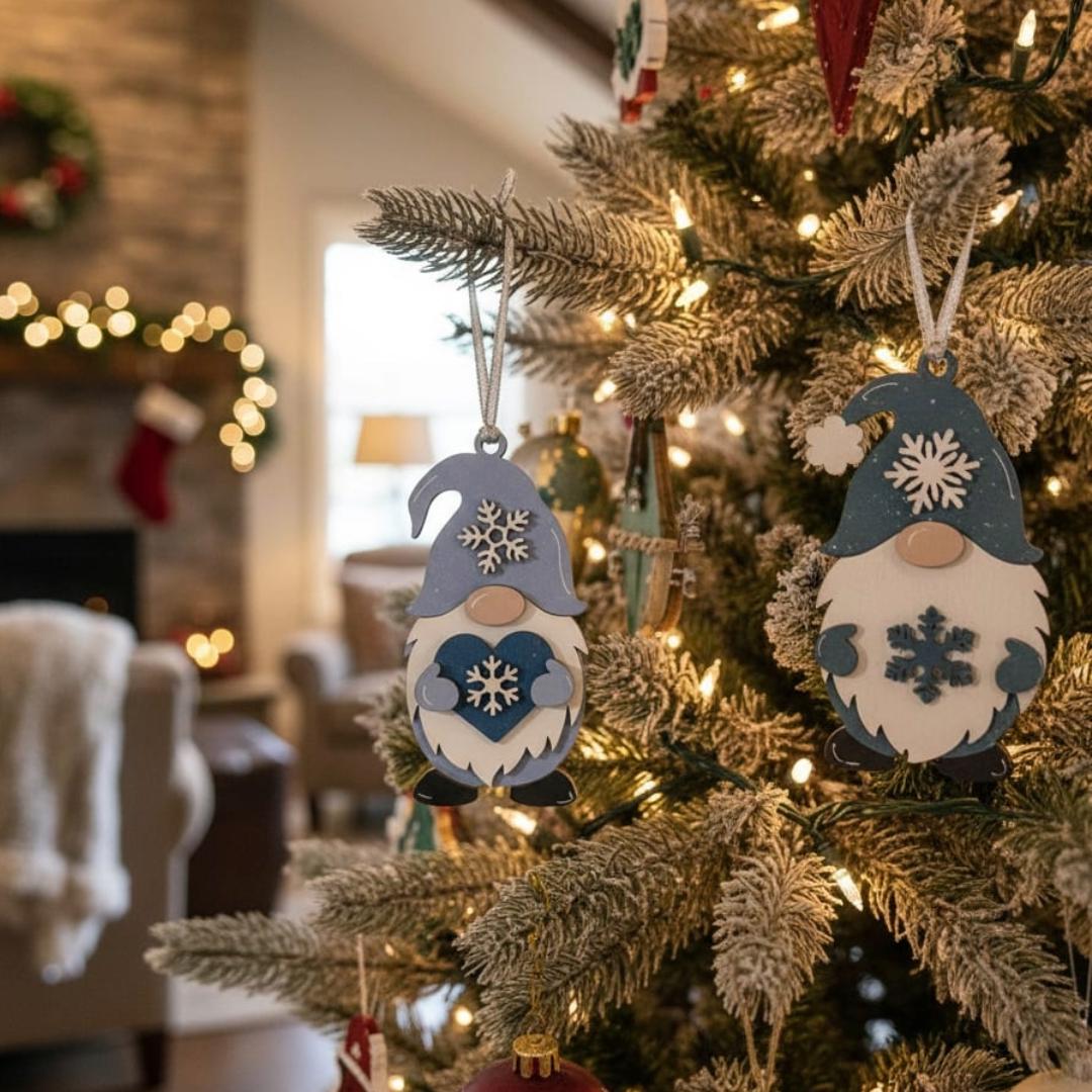 Snowflake Gnome Ornaments – Blue & Gray Winter Gnome Decor – Layered Wood Christmas Ornament – Rustic Farmhouse Holiday Decor Handmade Gift