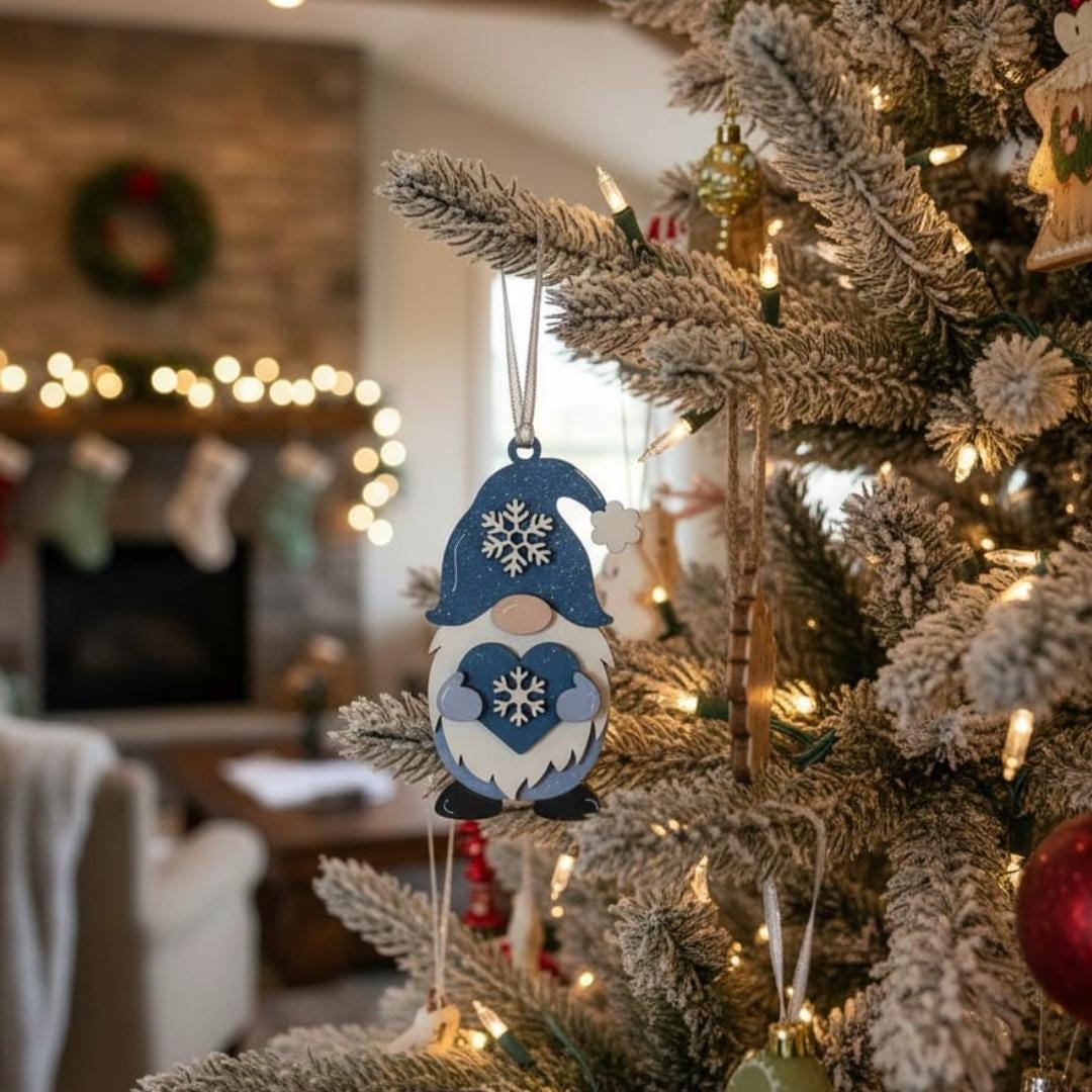 Snowflake Gnome Ornaments – Blue & Gray Winter Gnome Decor – Layered Wood Christmas Ornament – Rustic Farmhouse Holiday Decor Handmade Gift