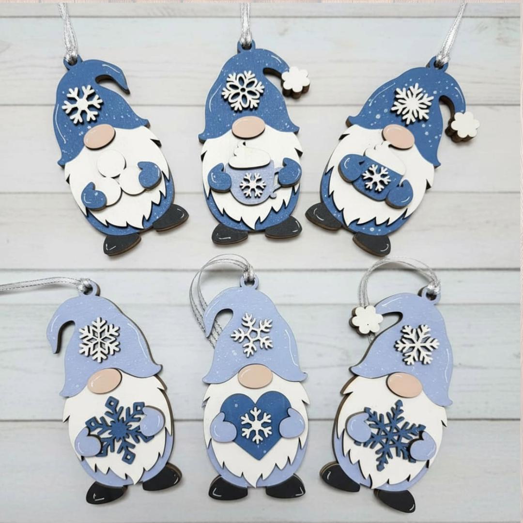 Snowflake Gnome Ornaments – Blue & Gray Winter Gnome Decor – Layered Wood Christmas Ornament – Rustic Farmhouse Holiday Decor Handmade Gift