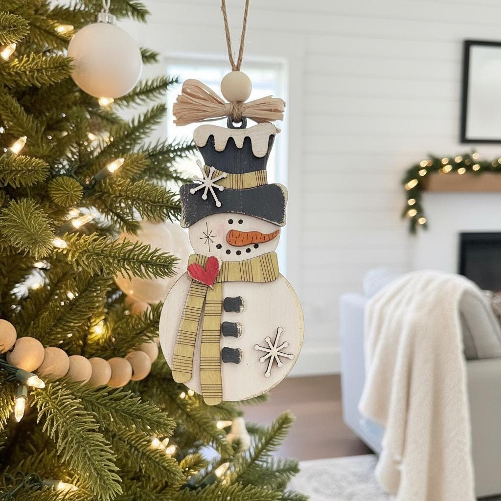 Handmade Rustic Snowman Ornament - Perfect Christmas Tree Decoration, Farmhouse Winter Holiday Decor, Layered Wood Snowman, Handmade Gift