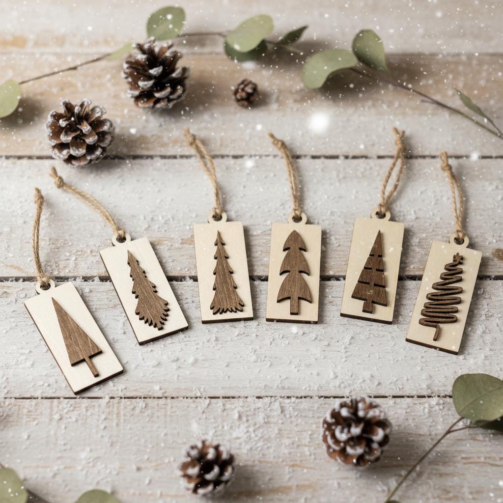 Rustic Mini Christmas Tree Ornaments – Set of 10 – Wooden Farmhouse Holiday Décor, Giftable in Gold Organza Bag, Stocking Stuffers