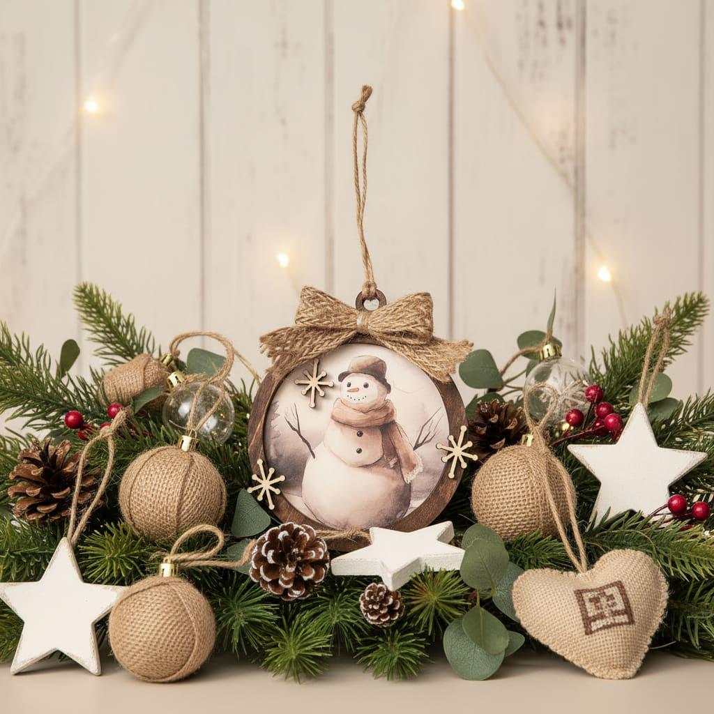 Rustic Snowman Christmas Ornament • Farmhouse Winter Decor • Layered Wood Ornament with Burlap Bow • Neutral Holiday Tree Decoration