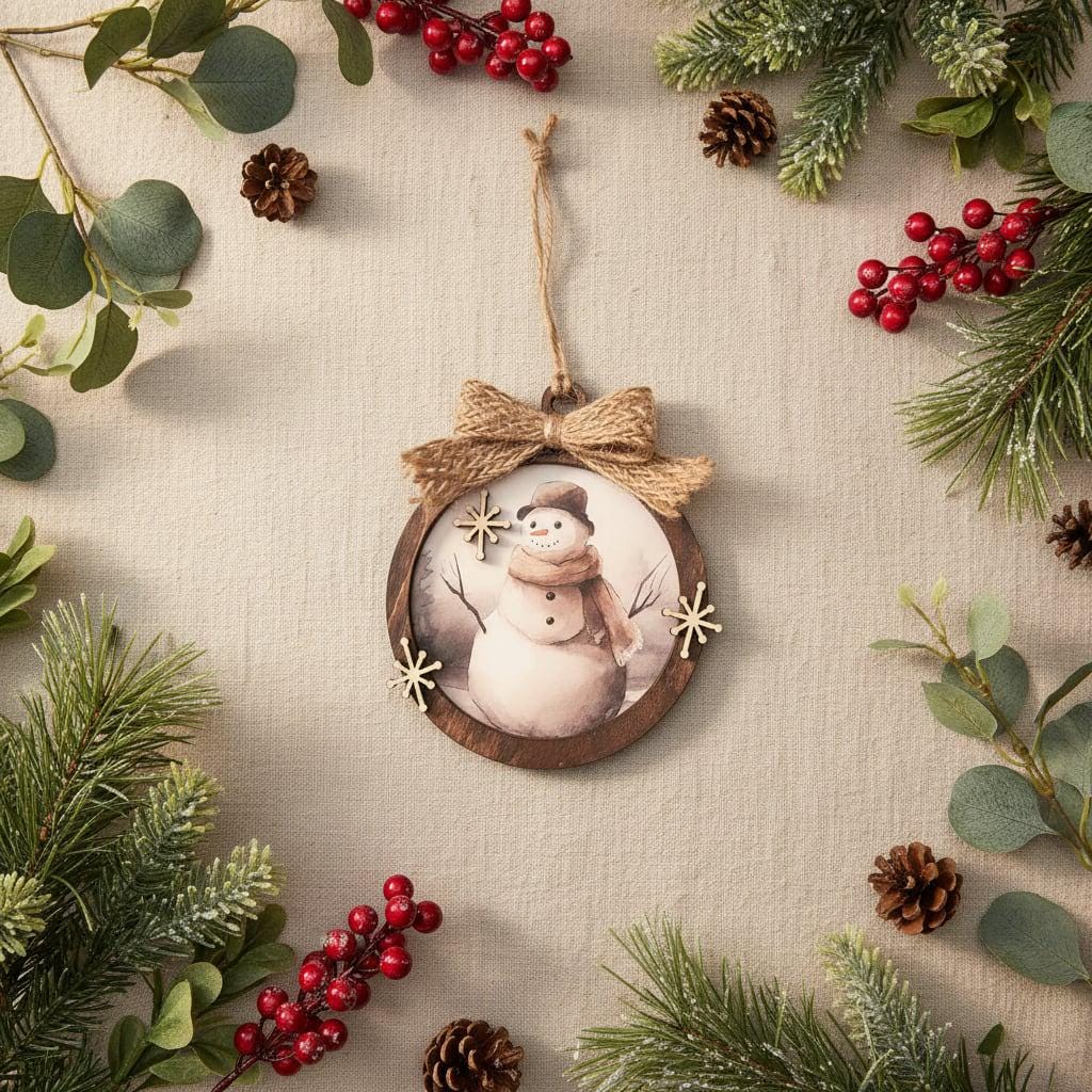 Rustic Snowman Christmas Ornament • Farmhouse Winter Decor • Layered Wood Ornament with Burlap Bow • Neutral Holiday Tree Decoration