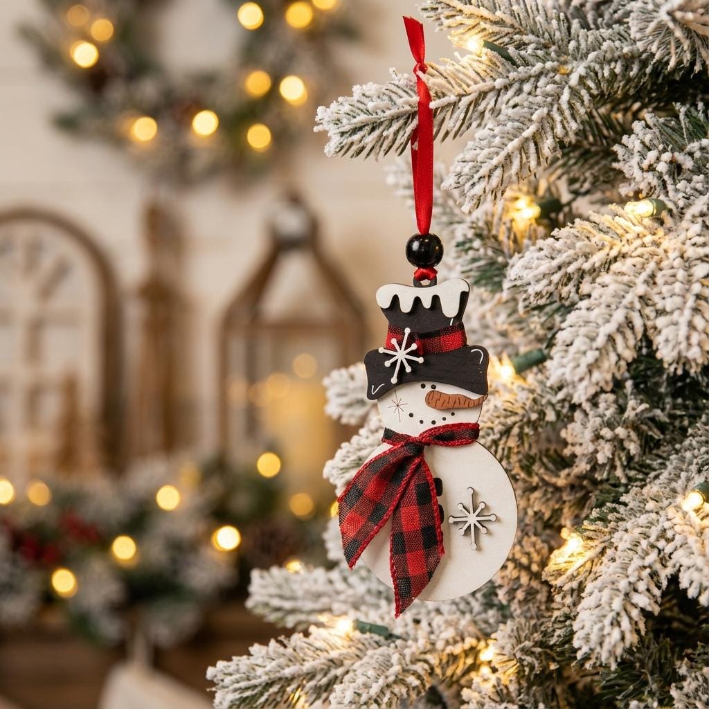 Buffalo Plaid Snowman Ornament – Rustic Farmhouse Christmas Ornament – Wooden Snowman Decor – Winter Holiday Gift – Handmade Tree Ornament