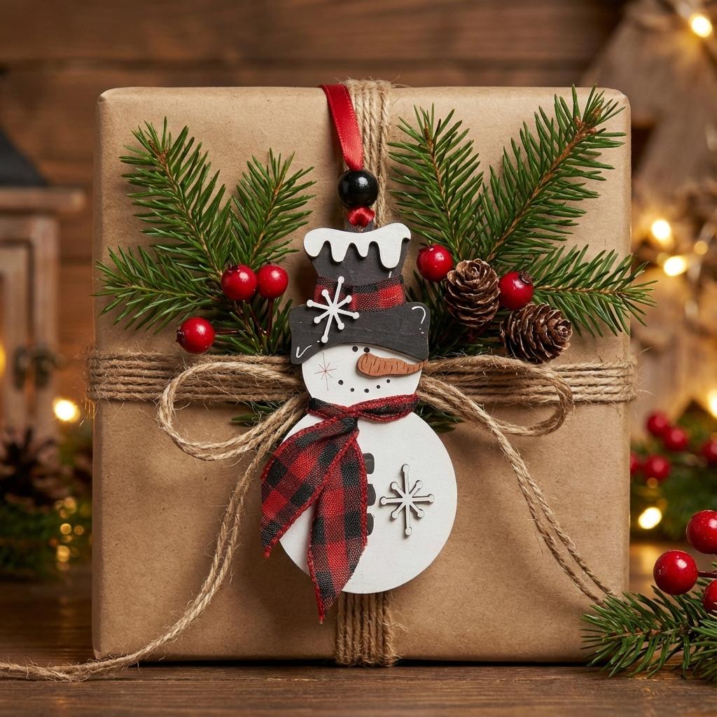 Buffalo Plaid Snowman Ornament – Rustic Farmhouse Christmas Ornament – Wooden Snowman Decor – Winter Holiday Gift – Handmade Tree Ornament