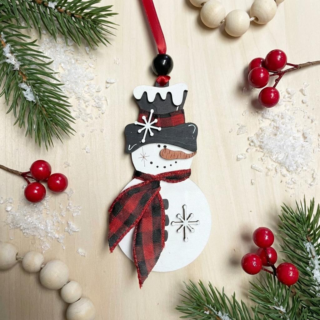 Buffalo Plaid Snowman Ornament – Rustic Farmhouse Christmas Ornament – Wooden Snowman Decor – Winter Holiday Gift – Handmade Tree Ornament
