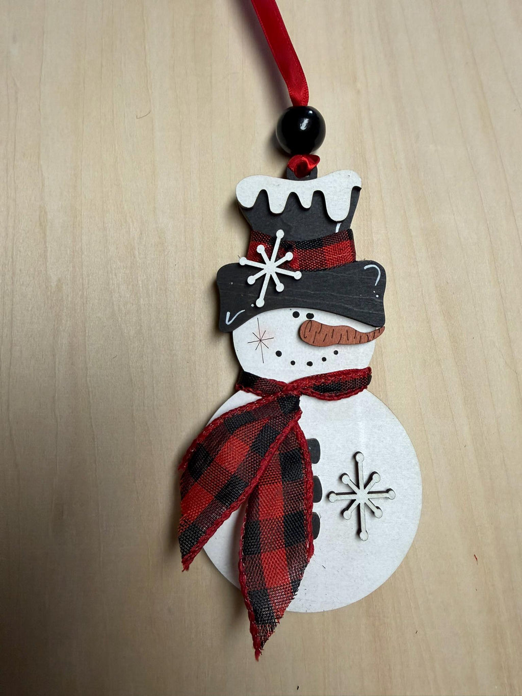 Buffalo Plaid Snowman Ornament – Rustic Farmhouse Christmas Ornament – Wooden Snowman Decor – Winter Holiday Gift – Handmade Tree Ornament