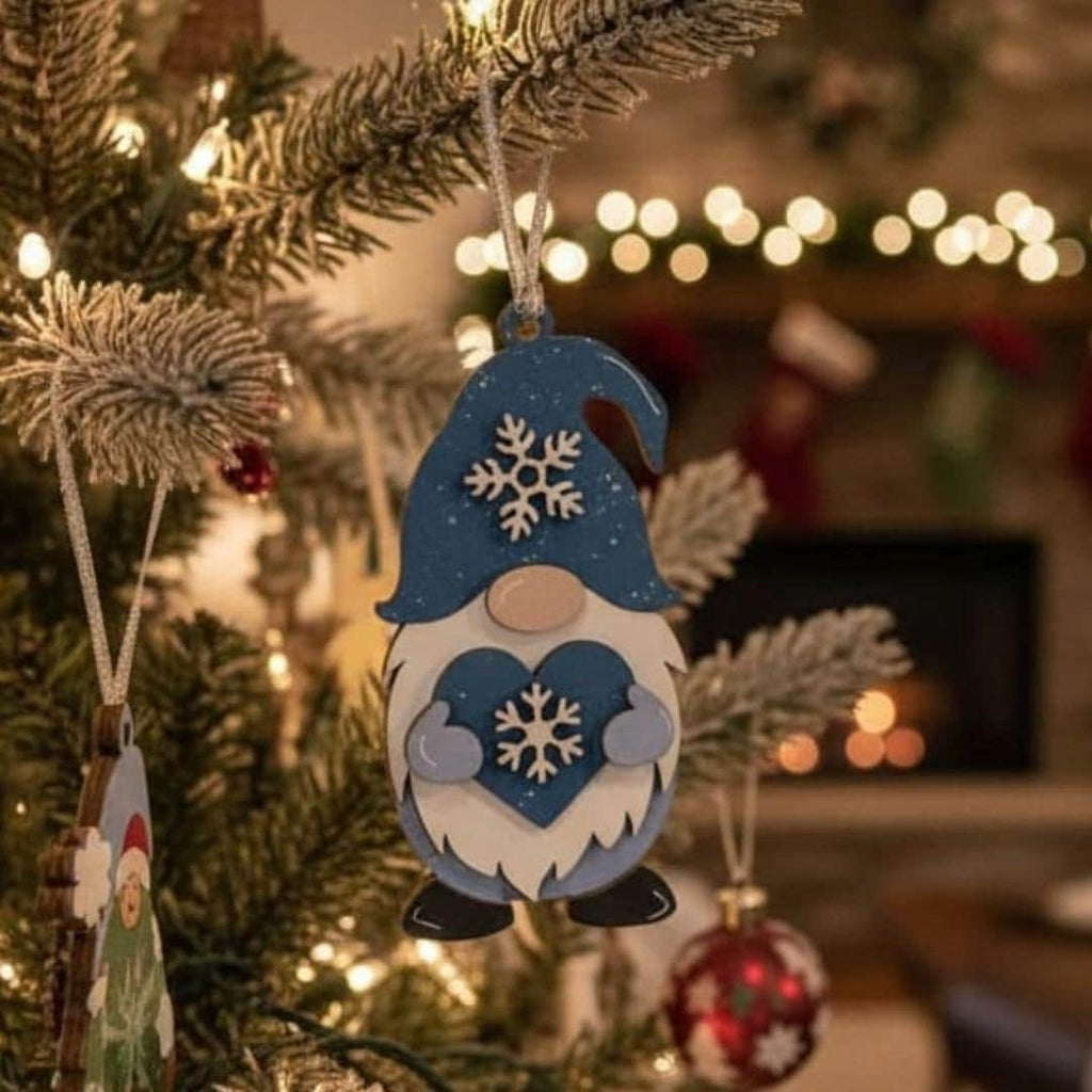 Snowflake Gnome Ornaments – Blue & Gray Winter Gnome Decor – Layered Wood Christmas Ornament – Rustic Farmhouse Holiday Decor Handmade Gift