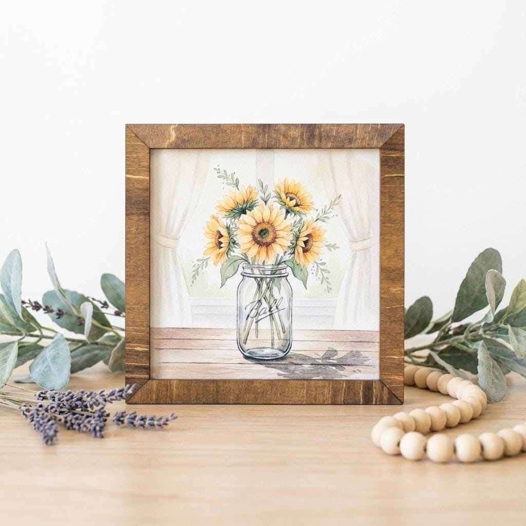 Sunflower Art Sign – Rustic Mason Jar Floral Wall Decor – 5.5” Framed Wood Sign with Leaf Embellishment – Garden Jar Art Signs