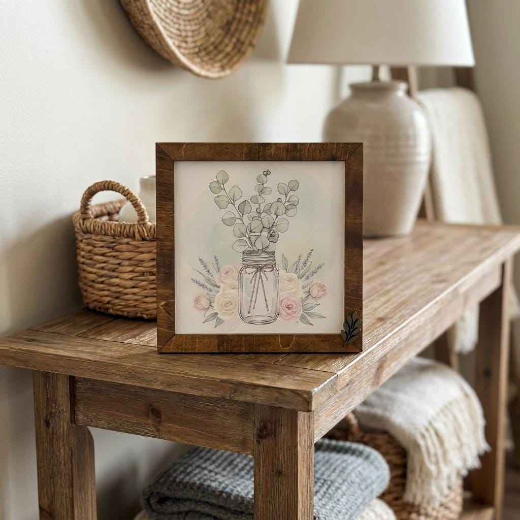 Eucalyptus Mason Jar Art Sign • Farmhouse Wood Frame Decor