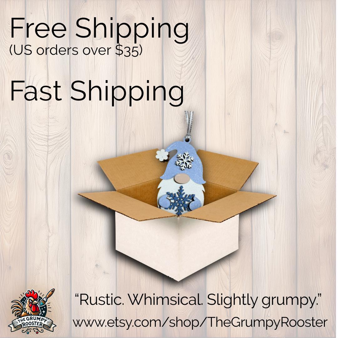 Snowflake Gnome Ornaments – Blue & Gray Winter Gnome Decor – Layered Wood Christmas Ornament – Rustic Farmhouse Holiday Decor Handmade Gift