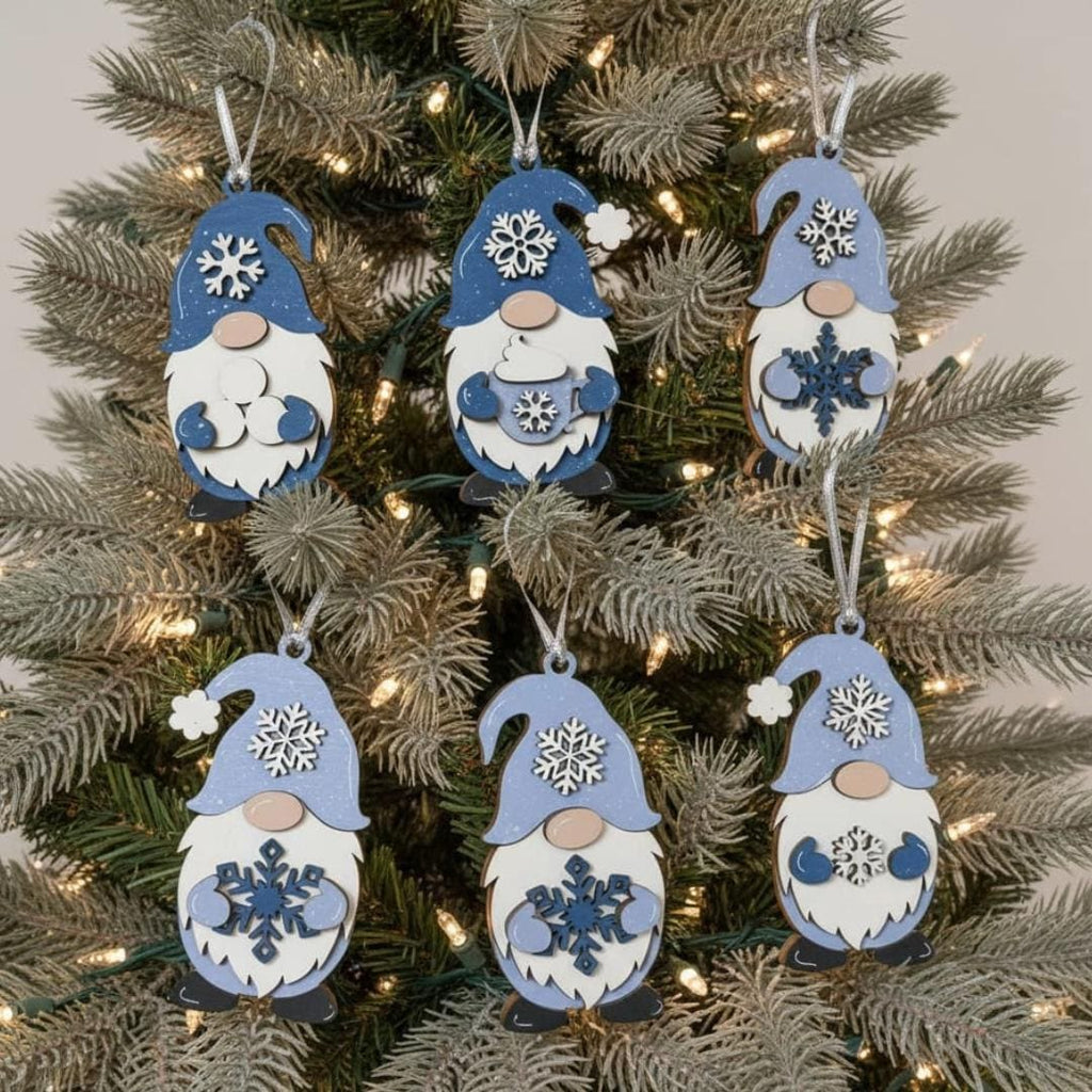 Snowflake Gnome Ornaments – Blue & Gray Winter Gnome Decor – Layered Wood Christmas Ornament – Rustic Farmhouse Holiday Decor Handmade Gift