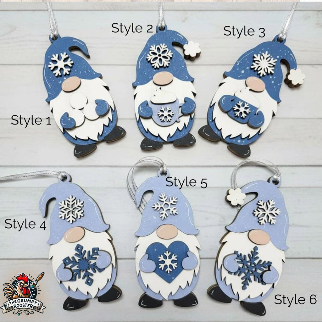 Snowflake Gnome Ornaments – Blue & Gray Winter Gnome Decor – Layered Wood Christmas Ornament – Rustic Farmhouse Holiday Decor Handmade Gift