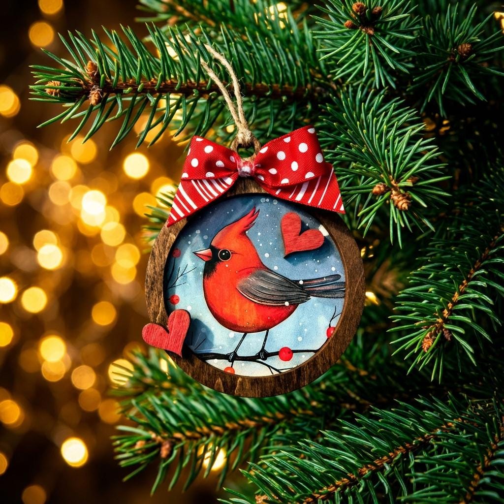Rustic Cardinal Christmas Ornament • 3 Inch Round Wooden Ornament with Bow • Winter Bird Holiday Decor • Handmade Farmhouse Tree Ornament