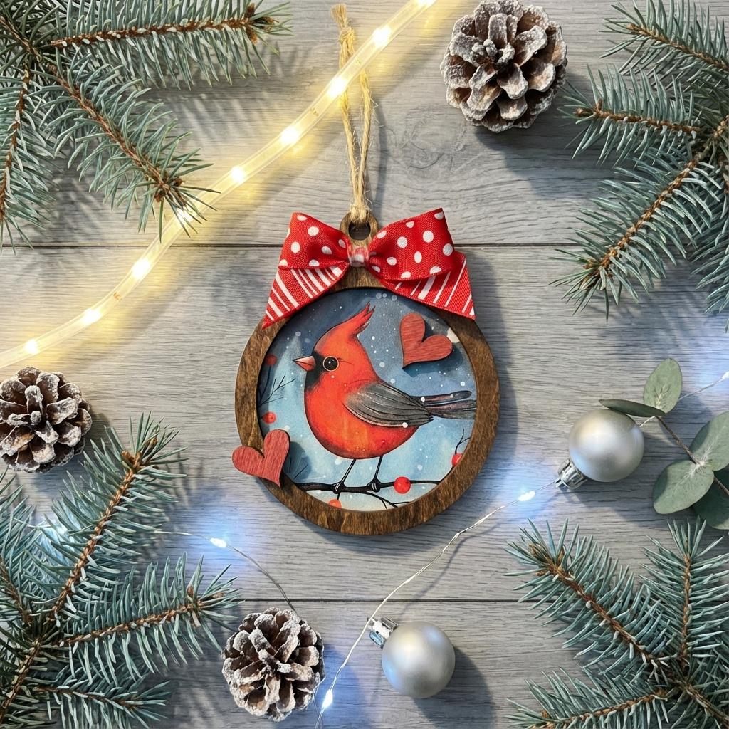 Rustic Cardinal Christmas Ornament • 3 Inch Round Wooden Ornament with Bow • Winter Bird Holiday Decor • Handmade Farmhouse Tree Ornament